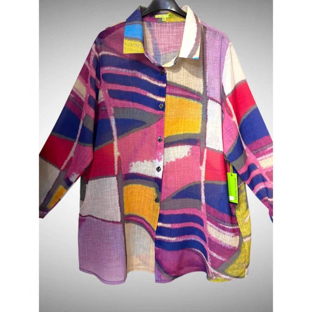 NEW TRISHA TYLER women's button down blouse in multi print